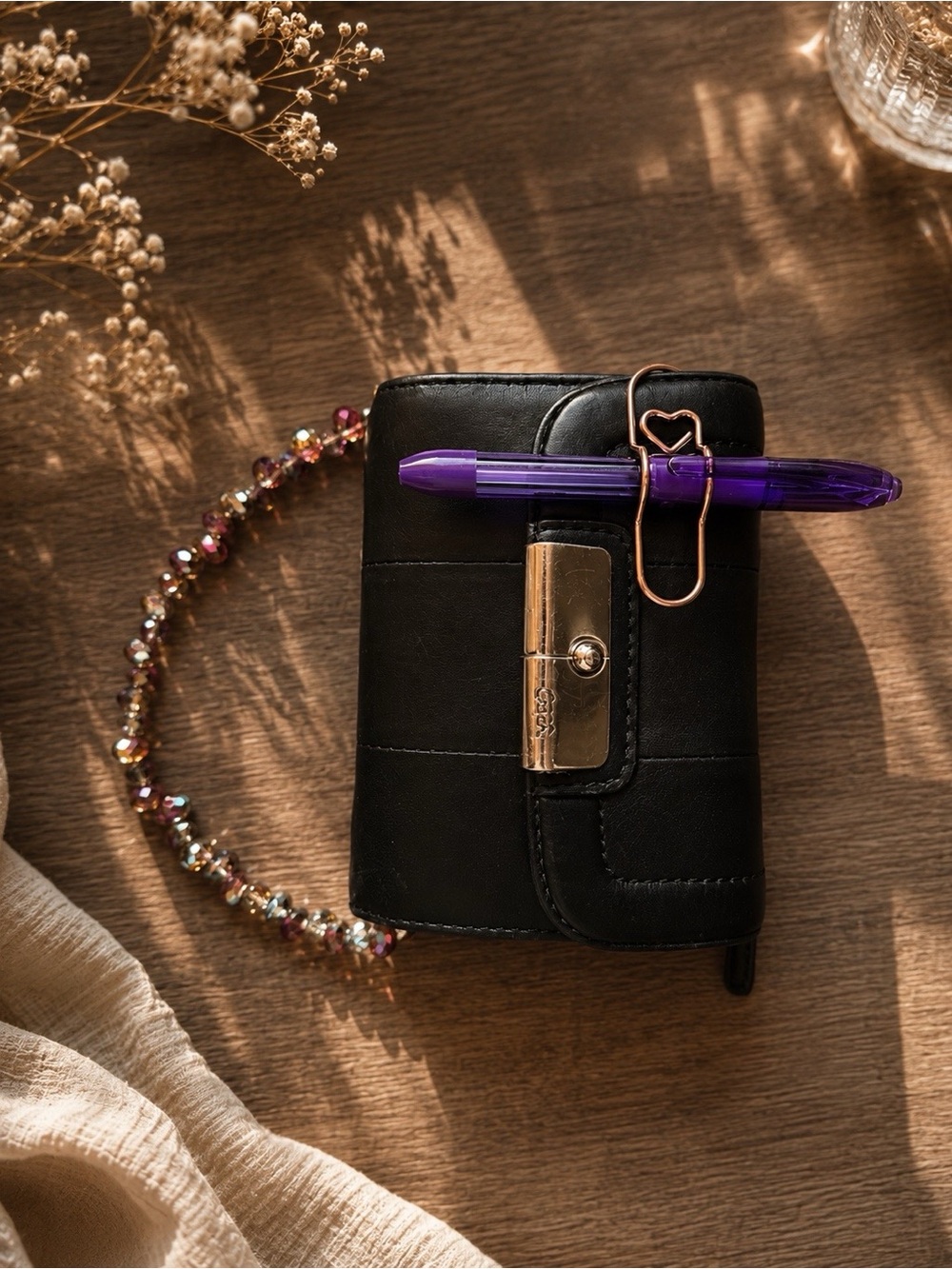 Coach Black Leather Compact Wallet Case with Purple Pen